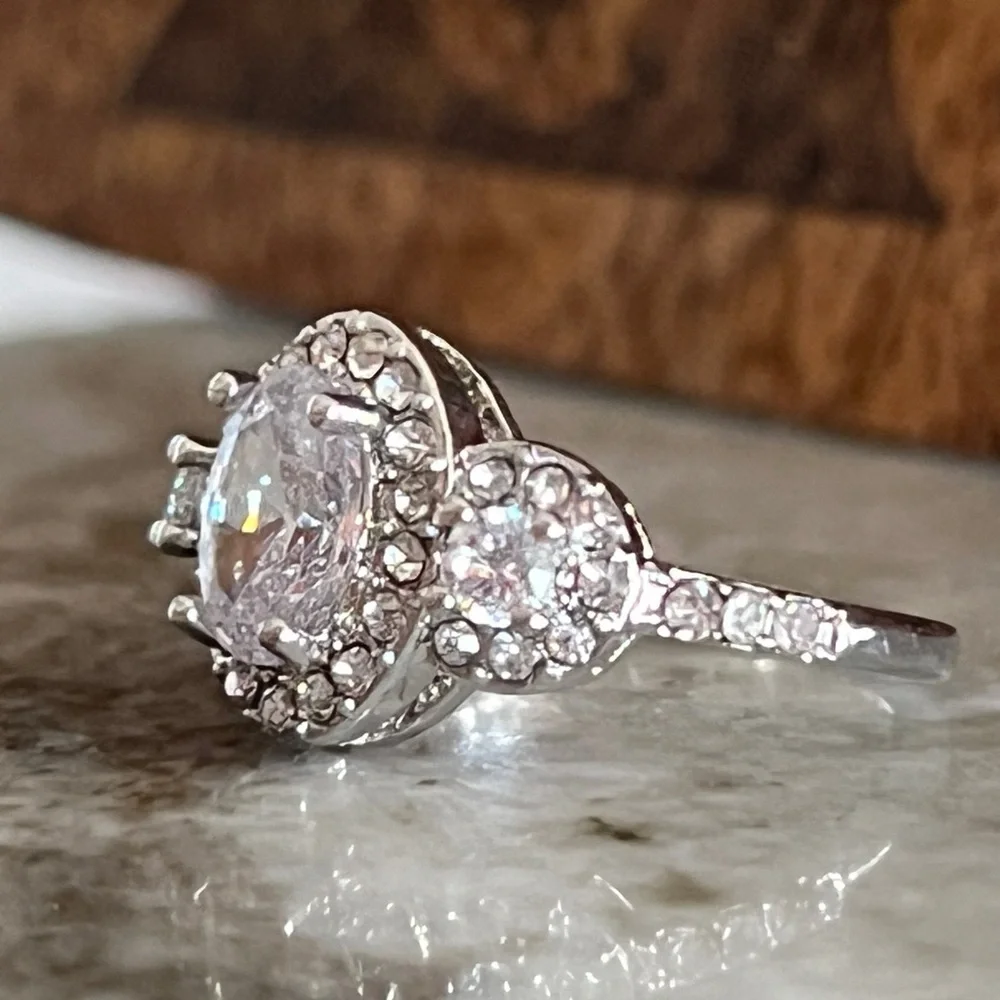 Swarovski Crystal Ring Rhodium-Plated Three-Stone Ring with Clear Crystals - Picture 3 of 11